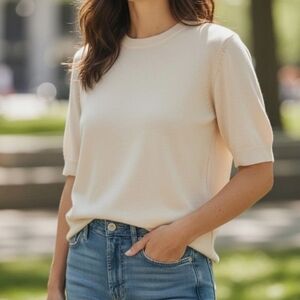 Quince 100% Mongolian Cashmere Sweater Top Womens Sz L Cream Short Sleeve Luxury